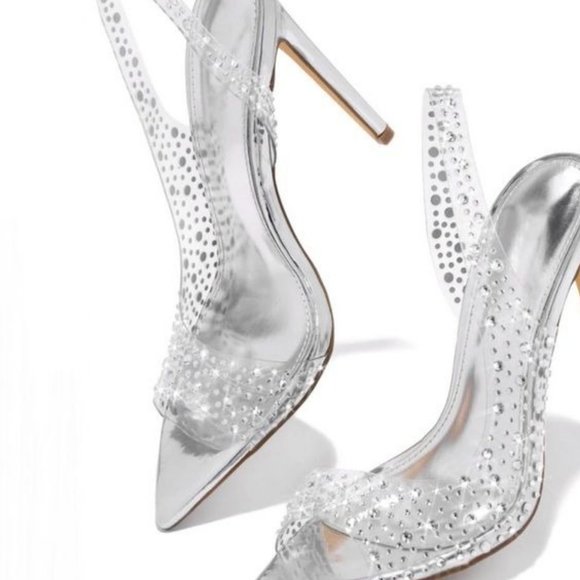!! NEW !! Transparent Slingback Peep Toe Embellished Heels in Silver - Picture 2 of 6